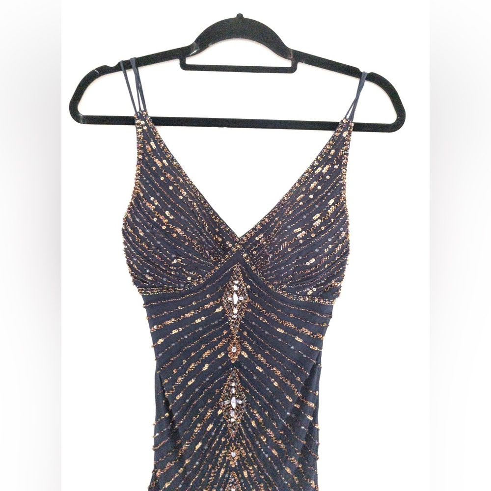 Vintage 90s Sue Wong Nocturnals Beaded Sequin Flapper Dress Navy Fringe Size 8 - Picture 3 of 13